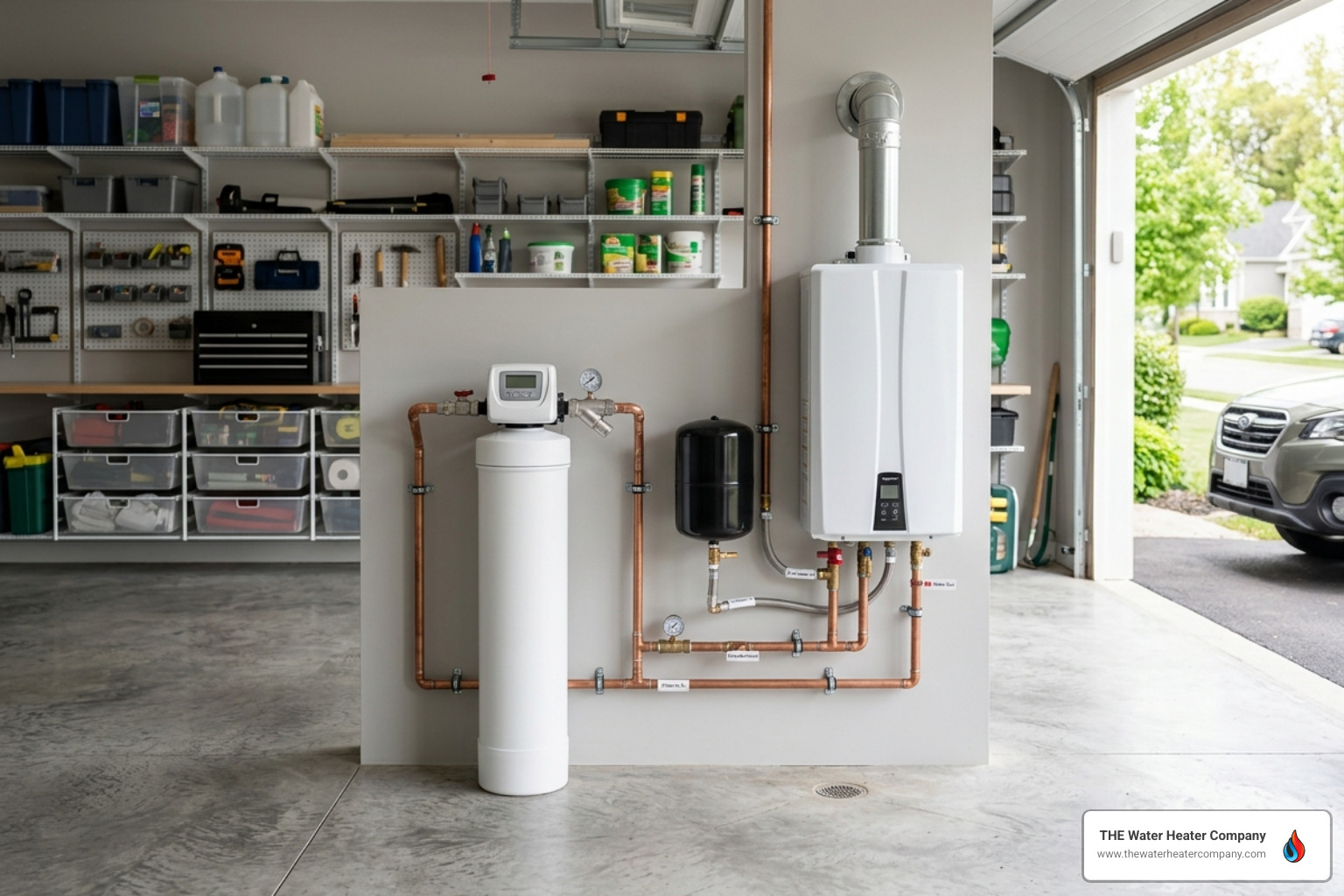 modern salt-free water conditioner installed in a garage alongside a water heater - water conditioning vs water filtration modern salt-free water conditioner installed in a garage alongside a water heater - water conditioning vs water filtration
