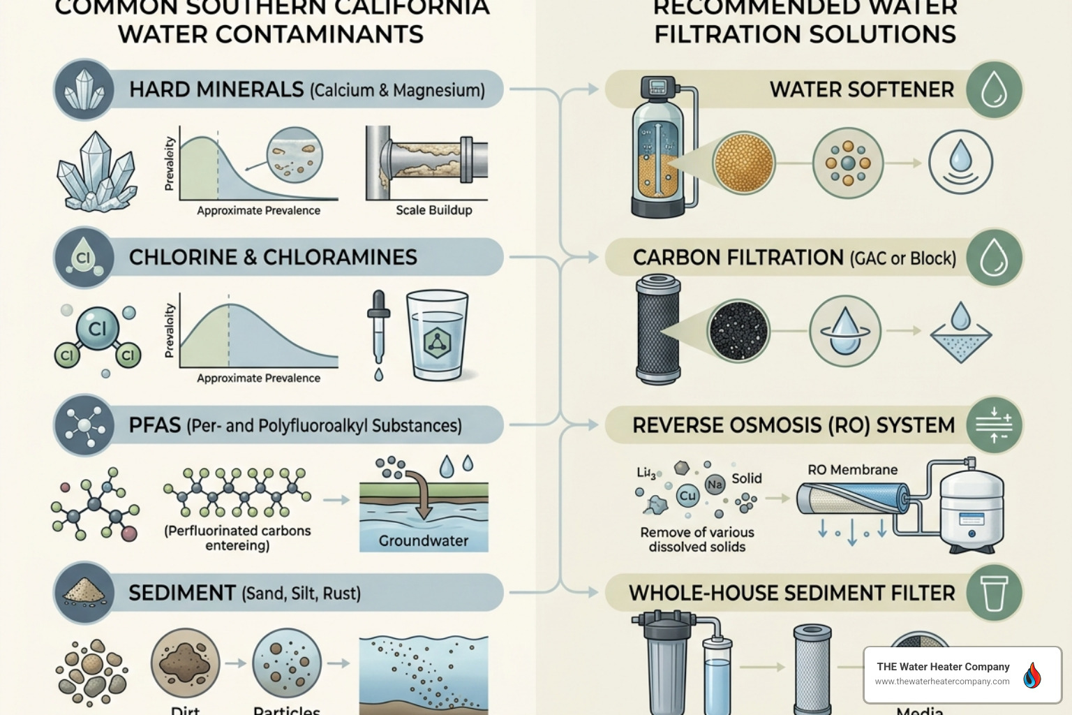 Infographic showing common Southern California water contaminants and recommended filtration solutions for each - water Infographic showing common Southern California water contaminants and recommended filtration solutions for each - water