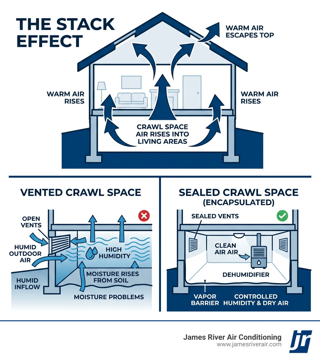 Infographic showing the stack effect, how crawl space air rises into living areas, and comparison of vented vs. sealed crawl Infographic showing the stack effect, how crawl space air rises into living areas, and comparison of vented vs. sealed crawl