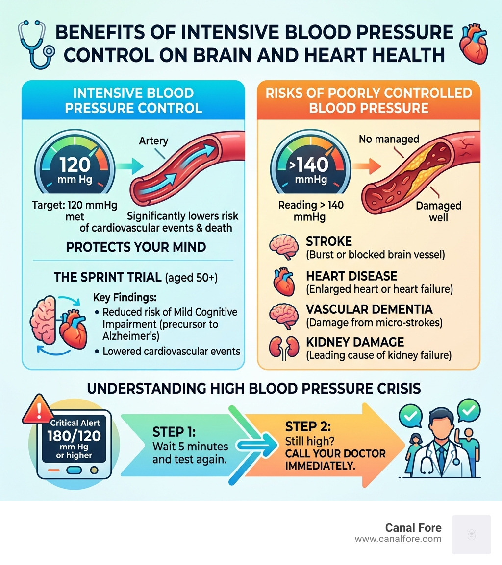 infographic showing the benefits of intensive blood pressure control on brain and heart health - blood pressure readings for infographic showing the benefits of intensive blood pressure control on brain and heart health - blood pressure readings for