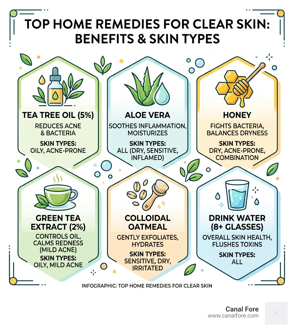 Overview of top home remedies for clear skin with benefits and skin types - home remedies for clear skin infographic 