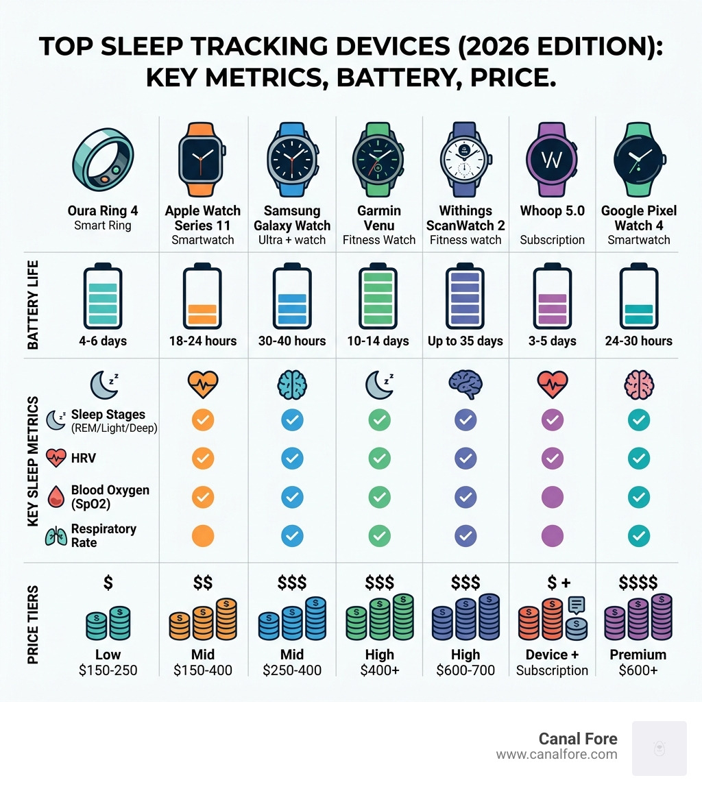 comparison infographic of top sleep tracking watches showing battery life, key sleep metrics, and price tiers - best sleep comparison infographic of top sleep tracking watches showing battery life, key sleep metrics, and price tiers - best sleep