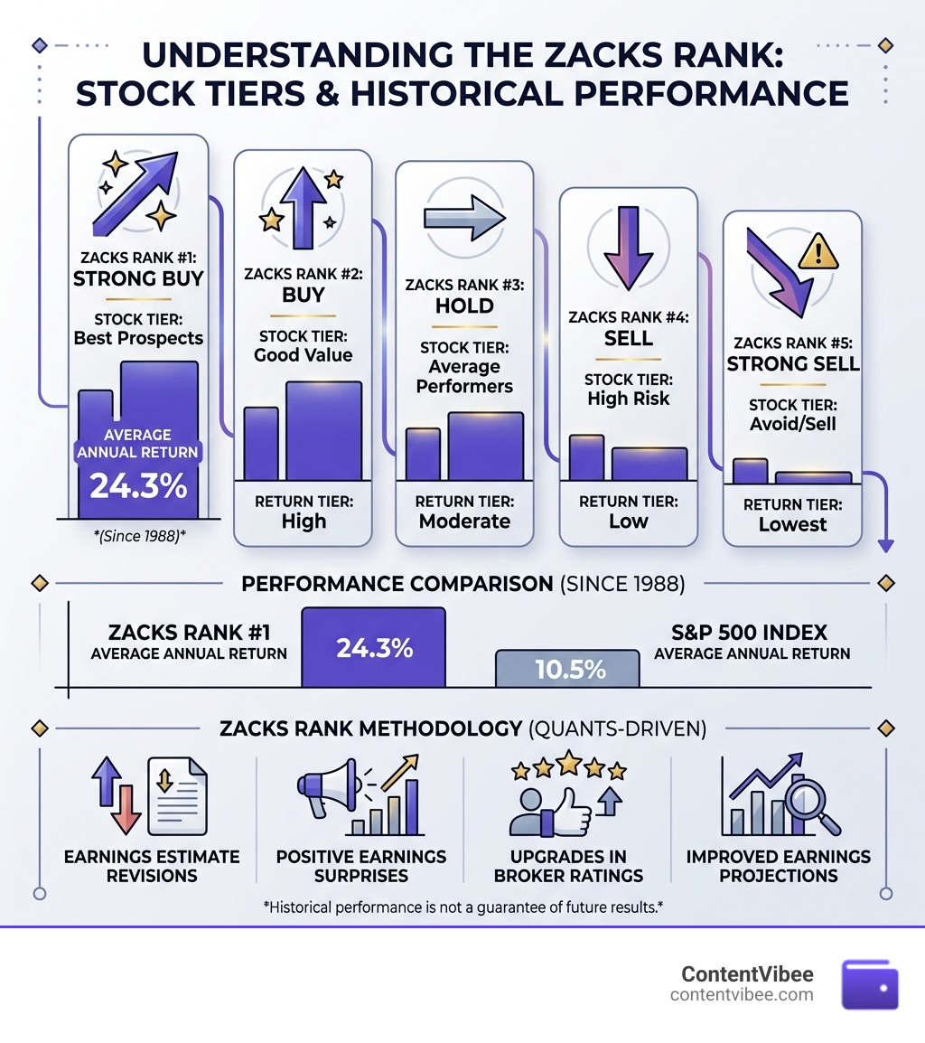Zacks Rank 1-5 system showing stock tiers, annual returns, and S&P 500 comparison - Zacks Investment Research Subscription