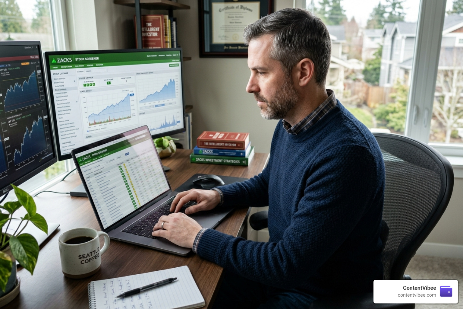 Self-directed investor using Zacks screening tools on a laptop - Zacks Investment Research Subscription Pricing and Value
