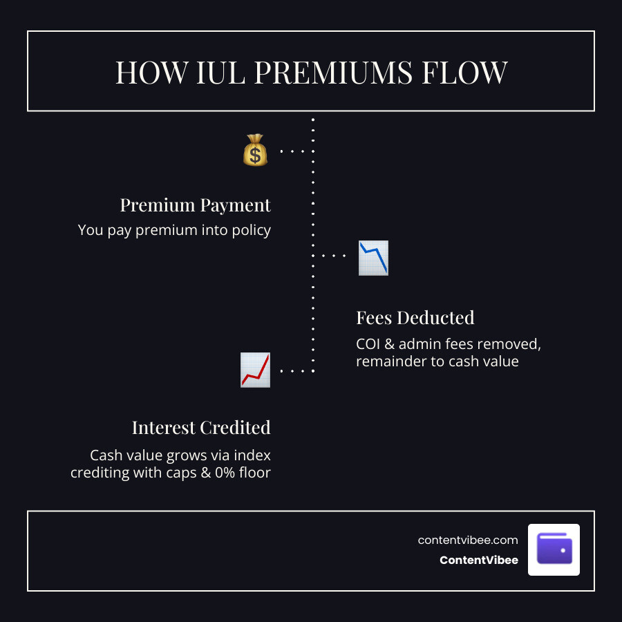Infographic showing how IUL premiums flow into indexed and fixed accounts with caps, floors, and fees - Indexed Universal