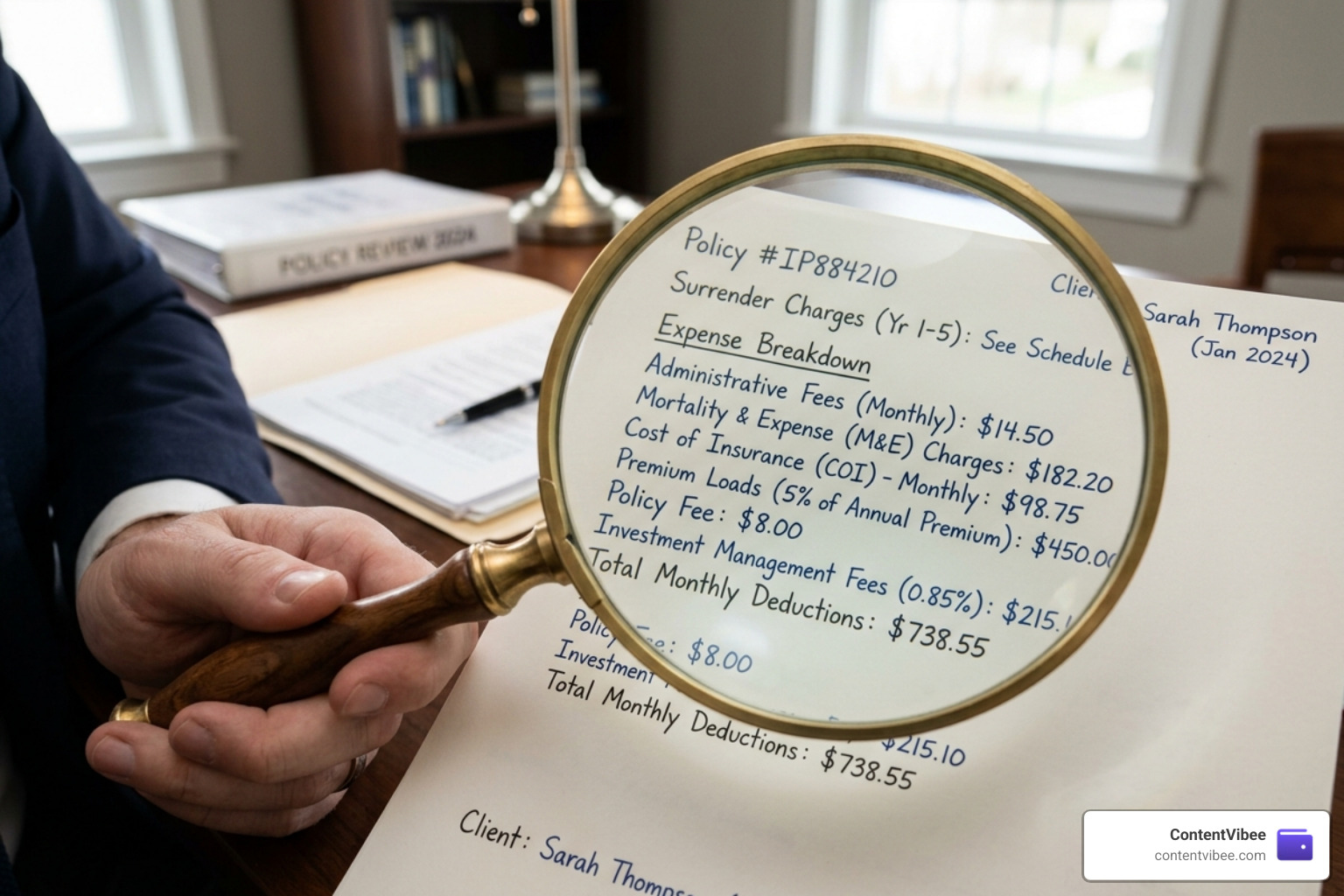 Magnifying glass over a list of policy expenses and fees - Indexed Universal Life Insurance Investment Risks and Returns