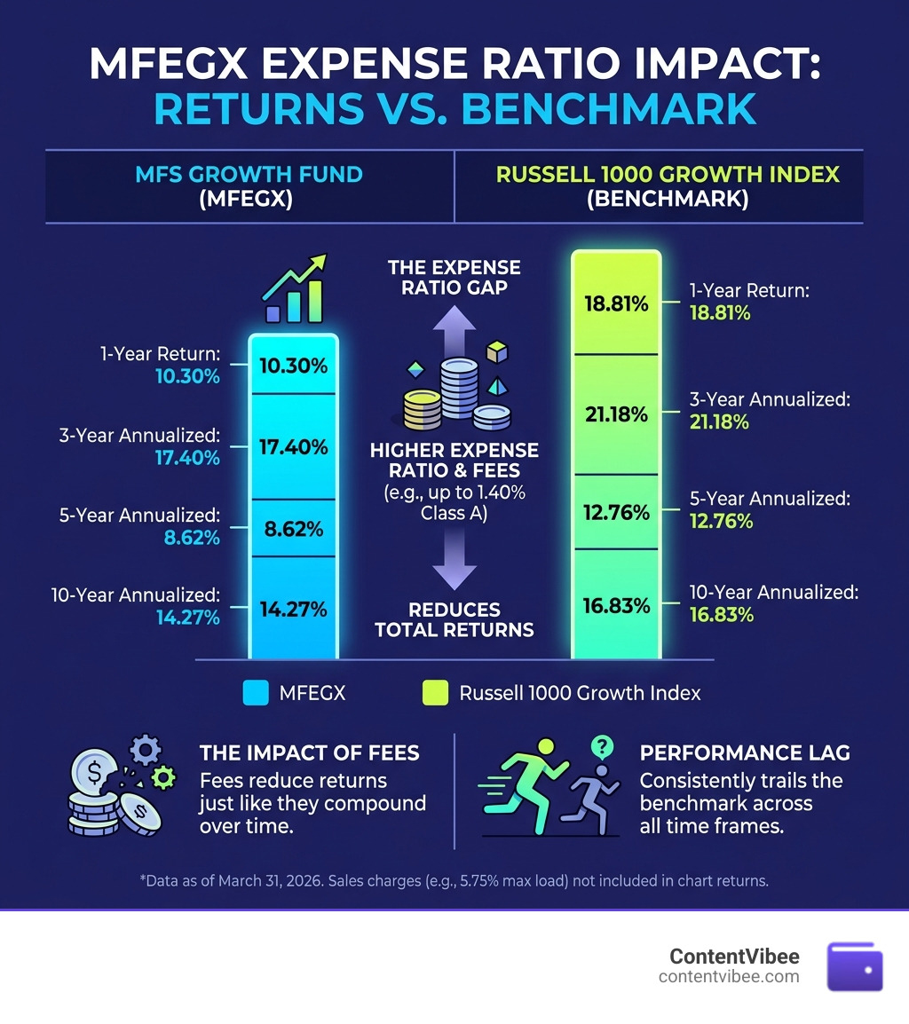 Infographic showing MFEGX expense ratio impact on returns vs Russell 1000 Growth Index benchmark comparison - MFS Investment