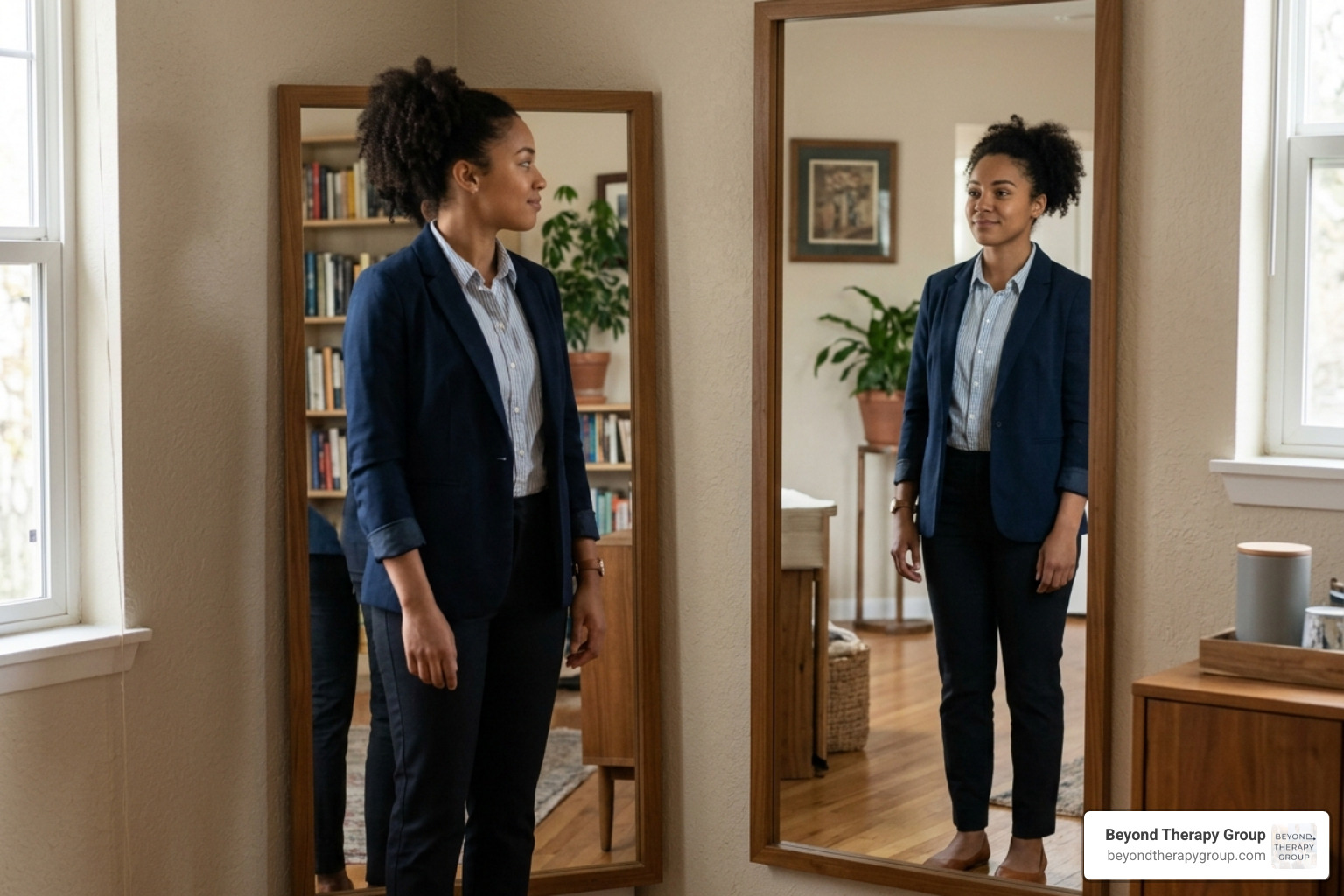 A person practicing assertive body language in a mirror with a confident posture - assertive speaking practice exercises A person practicing assertive body language in a mirror with a confident posture - assertive speaking practice exercises