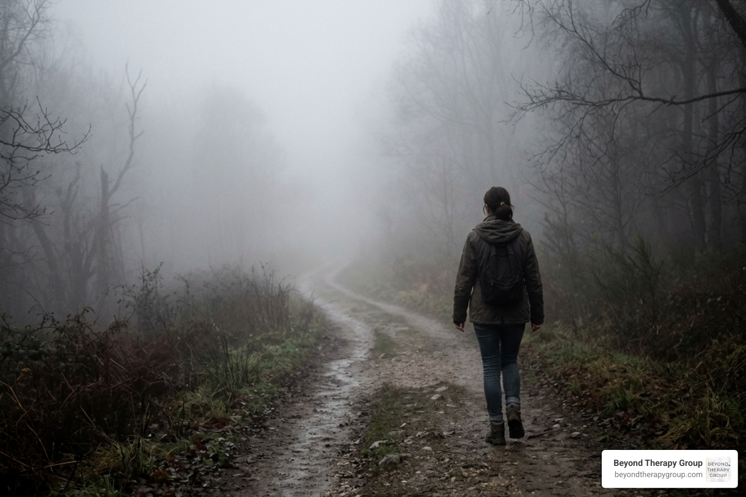 A person walking through a thick fog representing the uncertainty of grief - ambiguous loss therapy south A person walking through a thick fog representing the uncertainty of grief - ambiguous loss therapy south