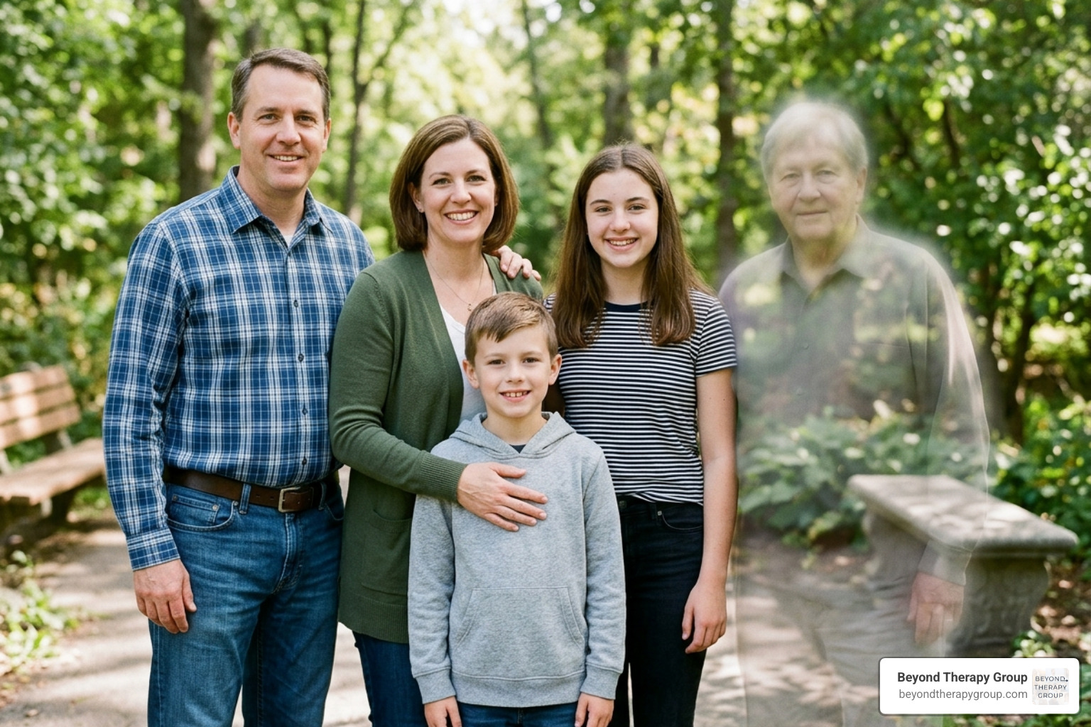A family photo with one person's image faded or missing representing the void in the family system - ambiguous loss therapy A family photo with one person's image faded or missing representing the void in the family system - ambiguous loss therapy