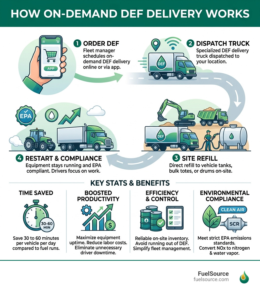 How on-demand DEF delivery works: from order to tank refill, key stats and benefits - on-demand DEF delivery infographic 