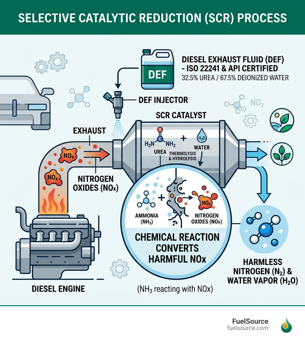 Diagram of the SCR process showing how DEF reduces nitrogen oxide emissions - on-demand DEF delivery infographic 