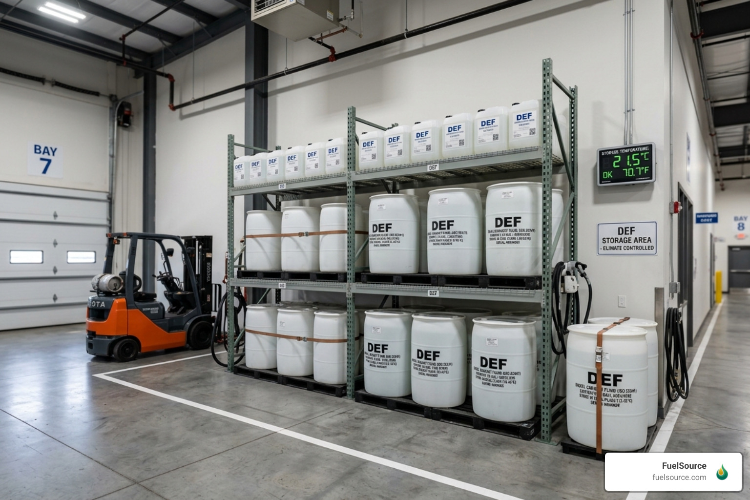 A climate-controlled DEF storage area with properly labeled totes - on-demand DEF delivery