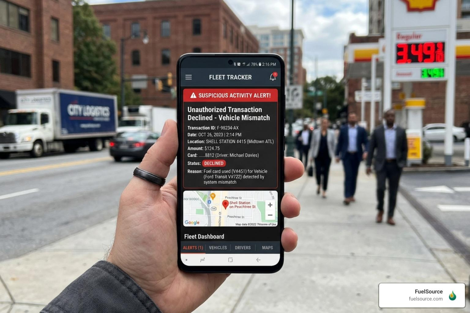 A secure fuel transaction alert on a mobile device showing a flagged purchase - instant fleet fuel reports