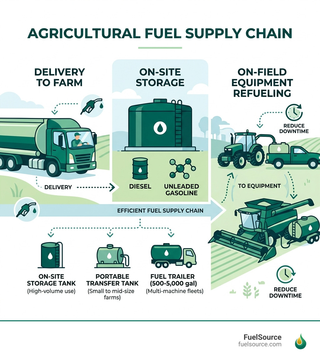 Agricultural fuel supply chain from delivery to on-site storage to equipment - agricultural equipment fuel supply