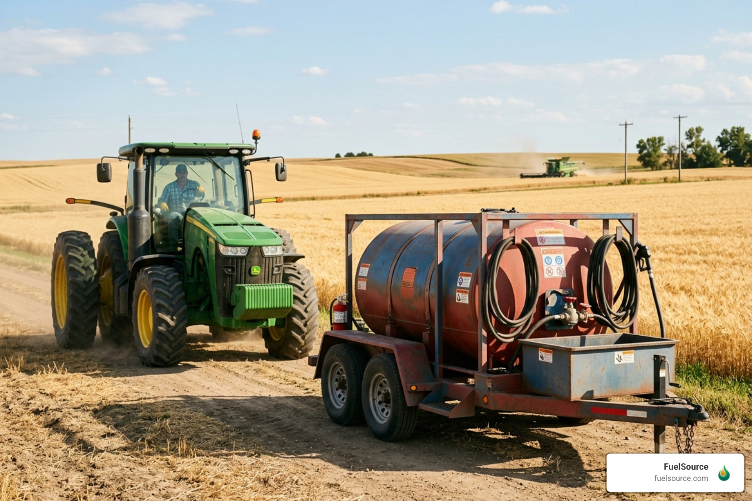 Mobile fuel trailer parked in a field ready for tractor refueling - agricultural equipment fuel supply