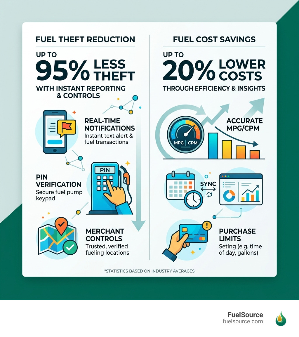 Statistics showing that fuel management systems reduce theft by up to 95% and fuel costs by 20% - instant fleet fuel reports