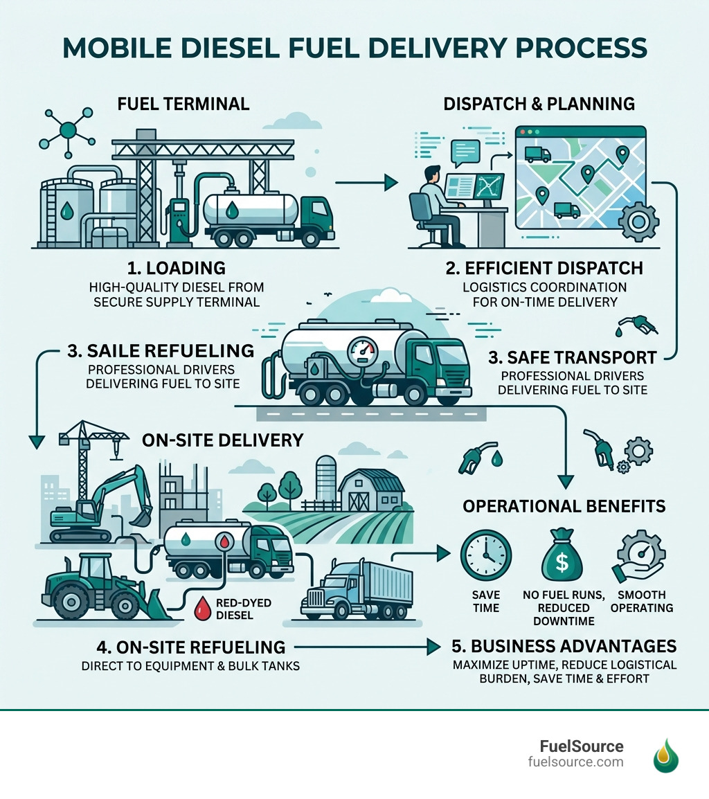 Infographic showing mobile diesel fuel delivery process from terminal to on-site equipment - diesel fuel delivery Infographic showing mobile diesel fuel delivery process from terminal to on-site equipment - diesel fuel delivery