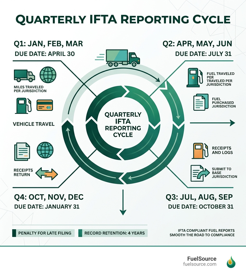 Quarterly IFTA reporting cycle infographic showing due dates, required data, and filing steps - IFTA compliant fuel reports