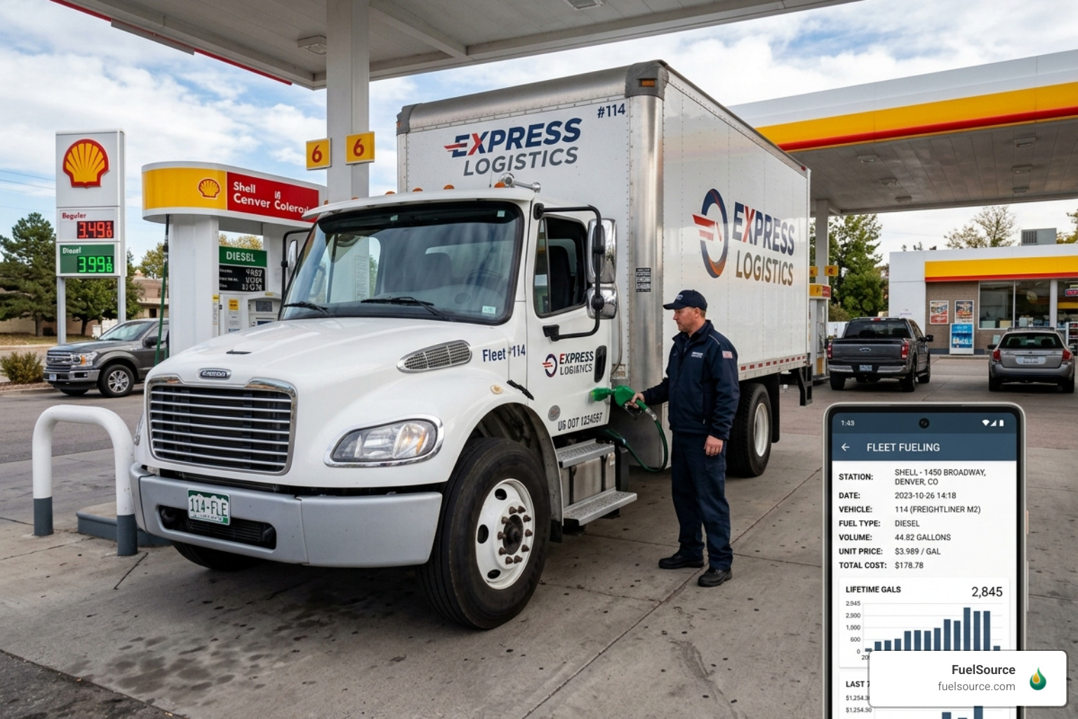 A fleet vehicle at a fueling station with a smartphone overlay showing real-time costs - instant fleet fuel reports