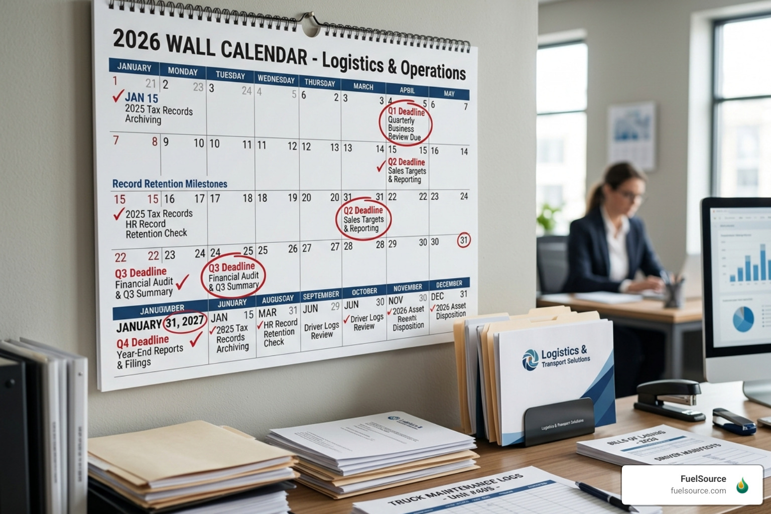 Compliance calendar for 2026 highlighting IFTA quarterly deadlines and record retention milestones - IFTA compliant fuel