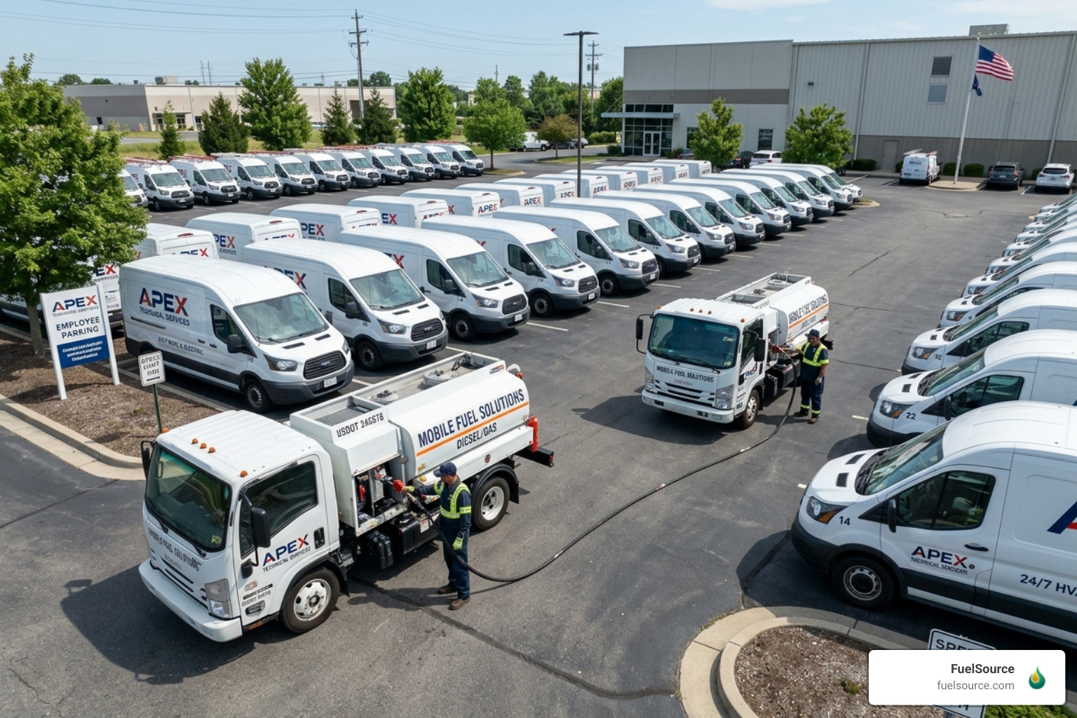 Fleet fueling: multiple vans being refueled simultaneously at a company lot - gasoline delivery service near me