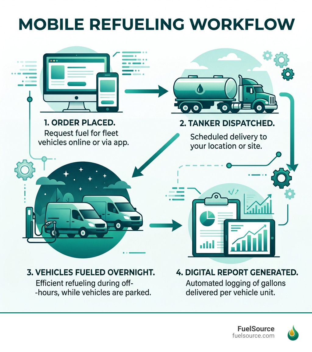 Mobile fueling workflow infographic: order placed, tanker dispatched, vehicles fueled overnight, digital report generated Mobile fueling workflow infographic: order placed, tanker dispatched, vehicles fueled overnight, digital report generated