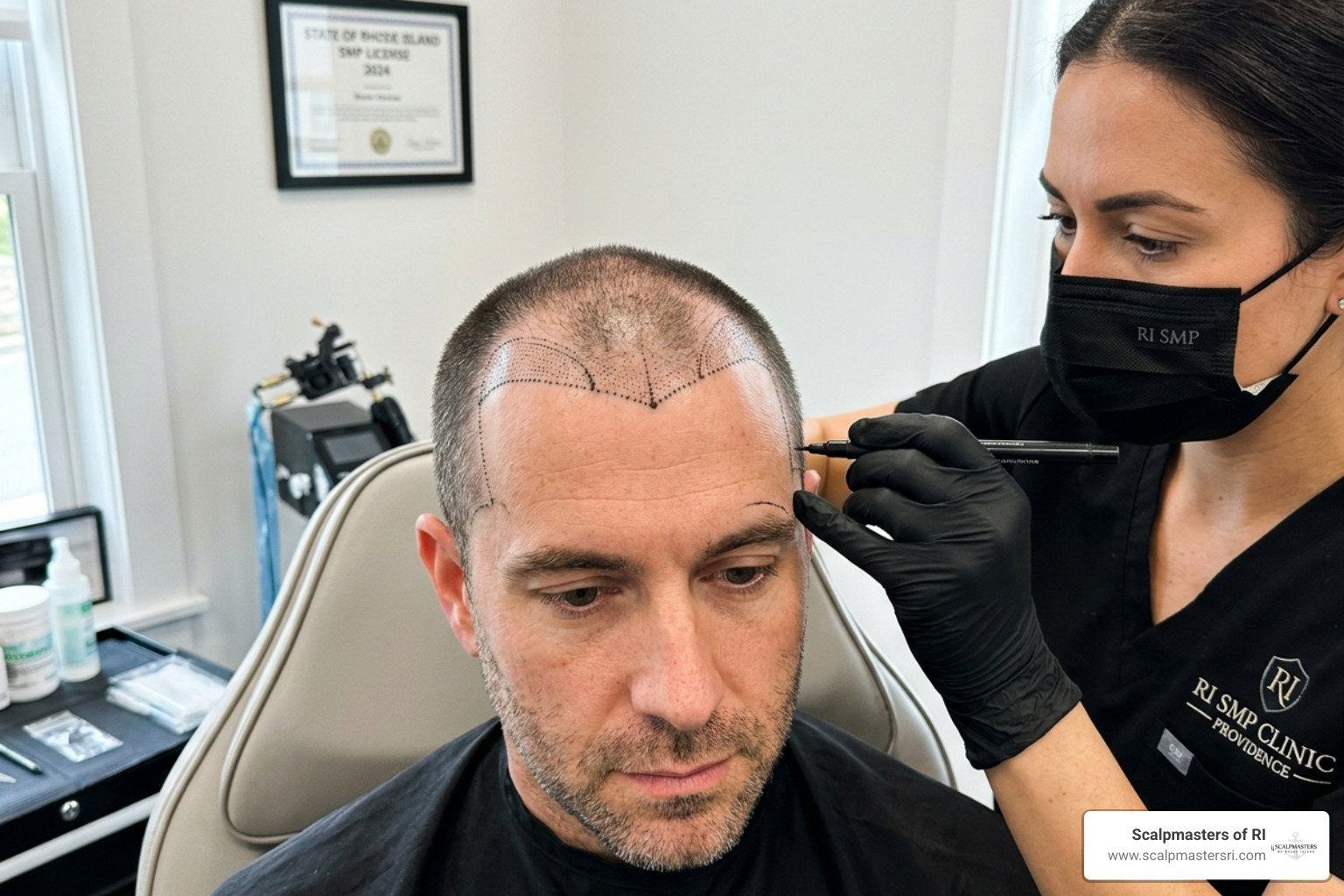 Mapping the hairline design for SMP to ensure facial symmetry - hairline restoration near me