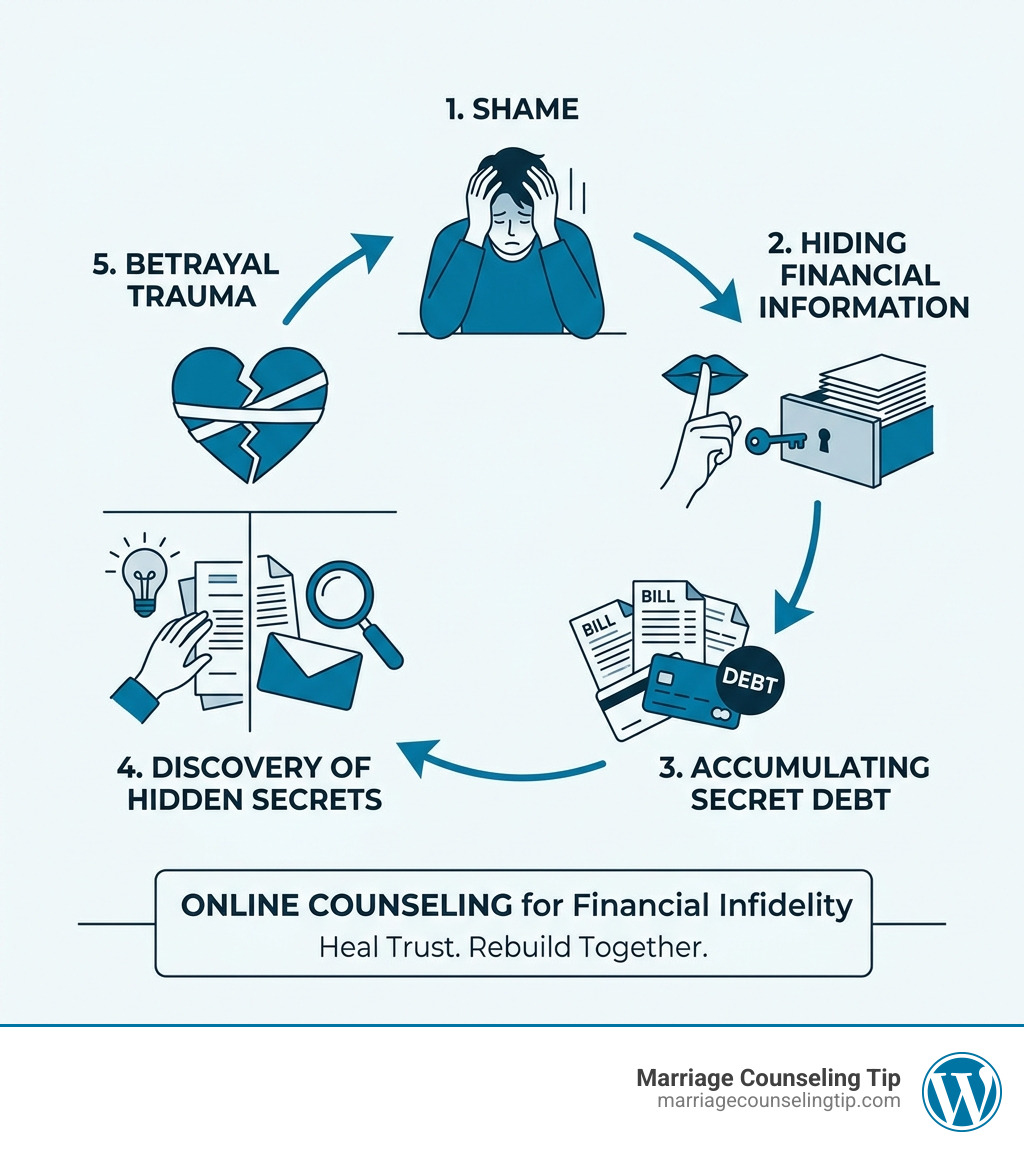 Infographic showing the cycle of financial secrecy: shame leads to hiding, hiding leads to debt, debt leads to discovery
