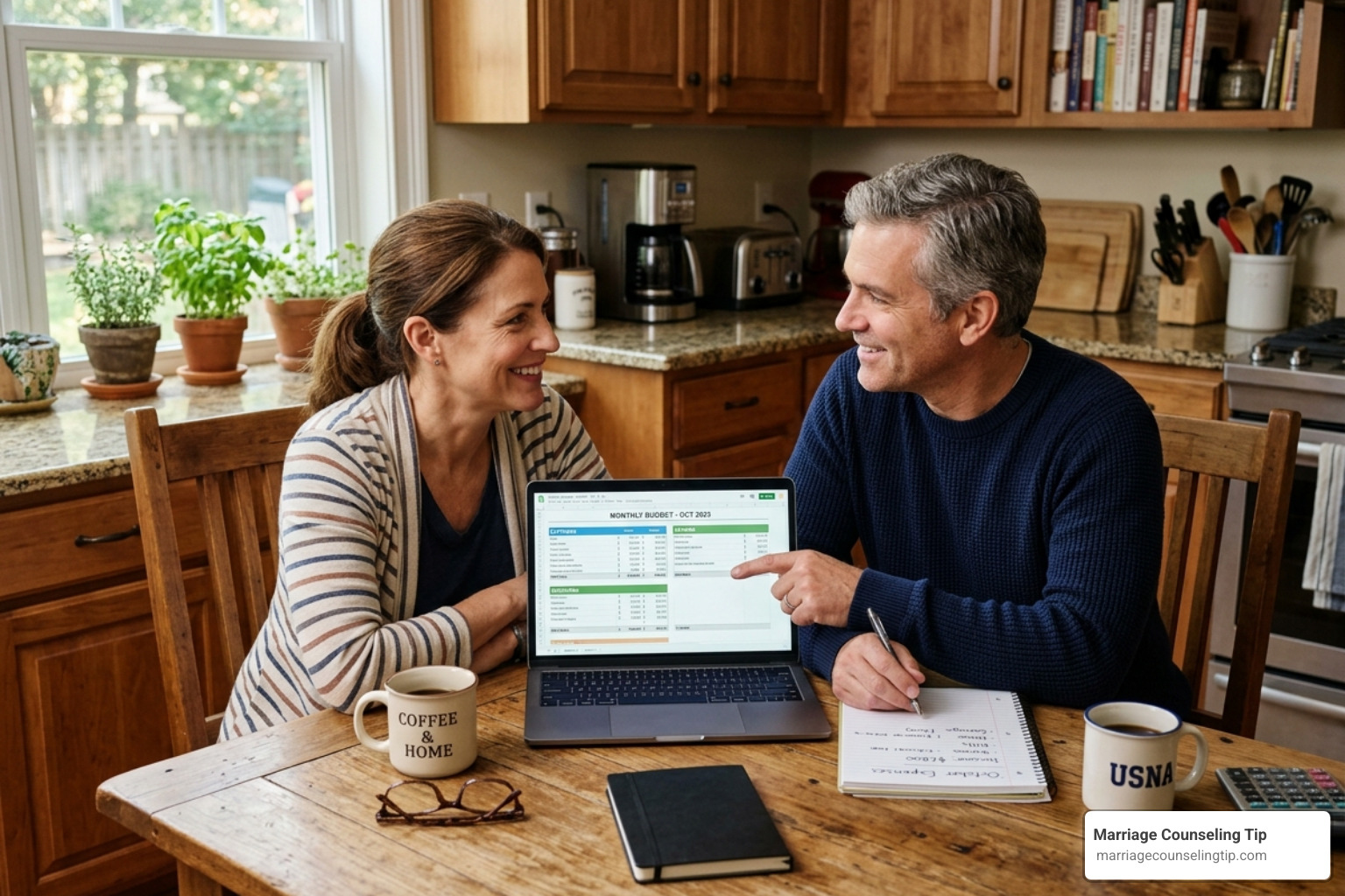 A couple sitting at a dining table with a laptop and notebooks, calmly discussing their monthly budget - financial