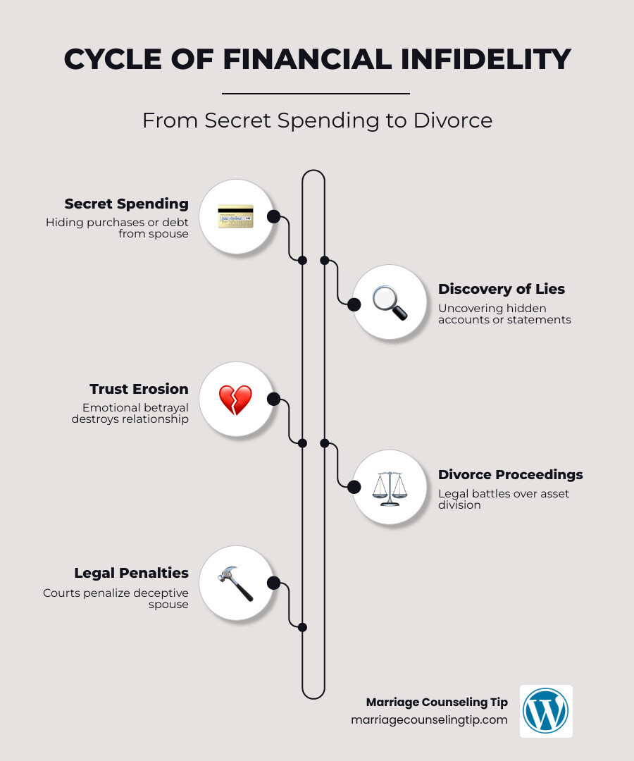 Infographic showing the cycle of financial infidelity from secret spending to trust erosion to divorce proceedings