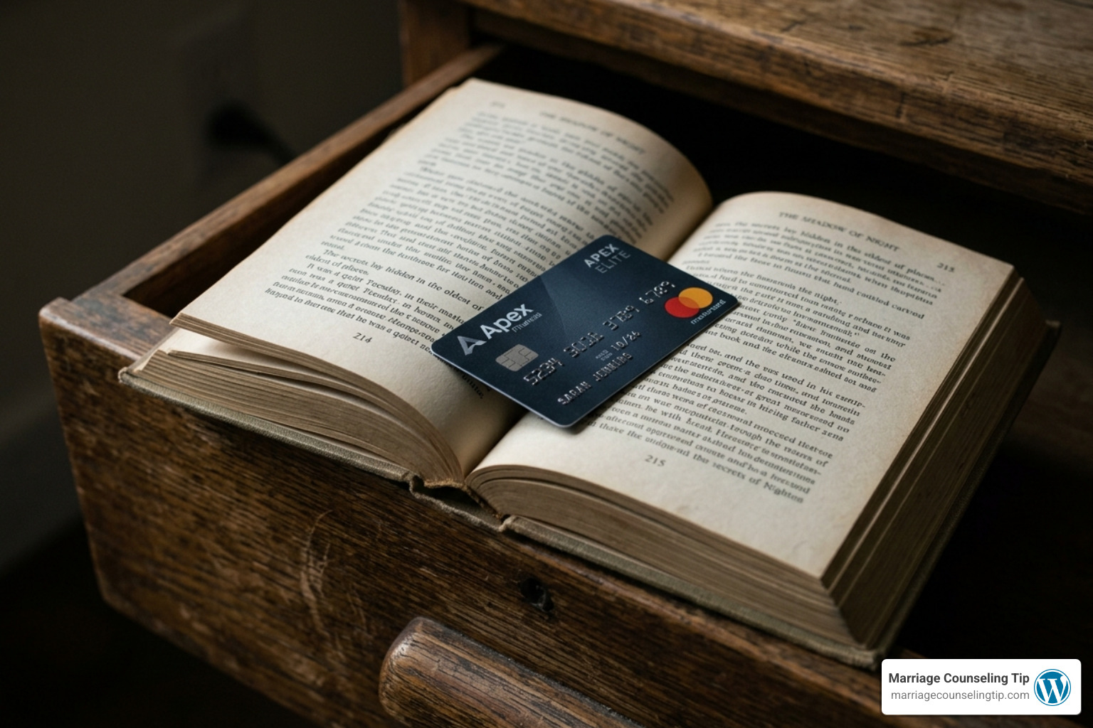 a secret credit card hidden inside a book or drawer - financial infidelity and divorce