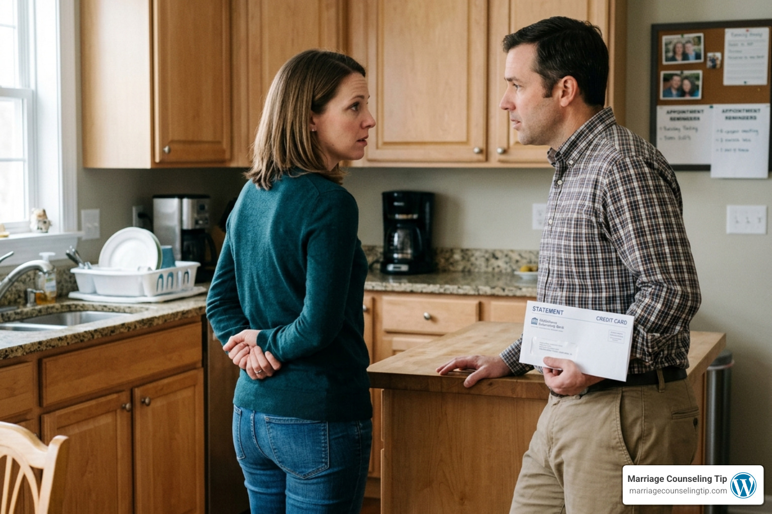 person hiding a credit card statement behind their back while talking to a spouse - how to deal with financial infidelity