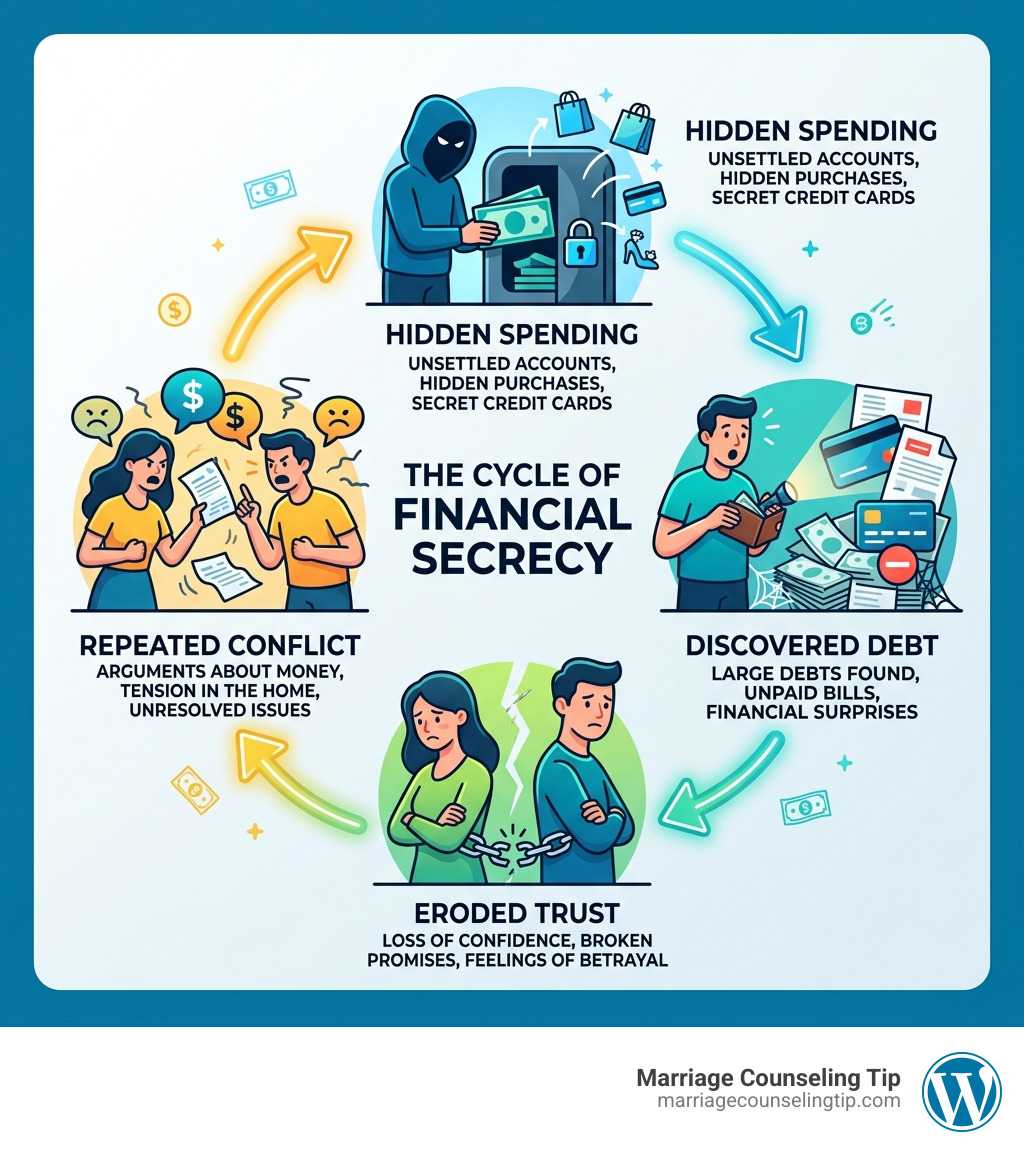 Infographic showing the cycle of financial secrecy: hidden spending leads to discovered debt, erodes trust, causes conflict