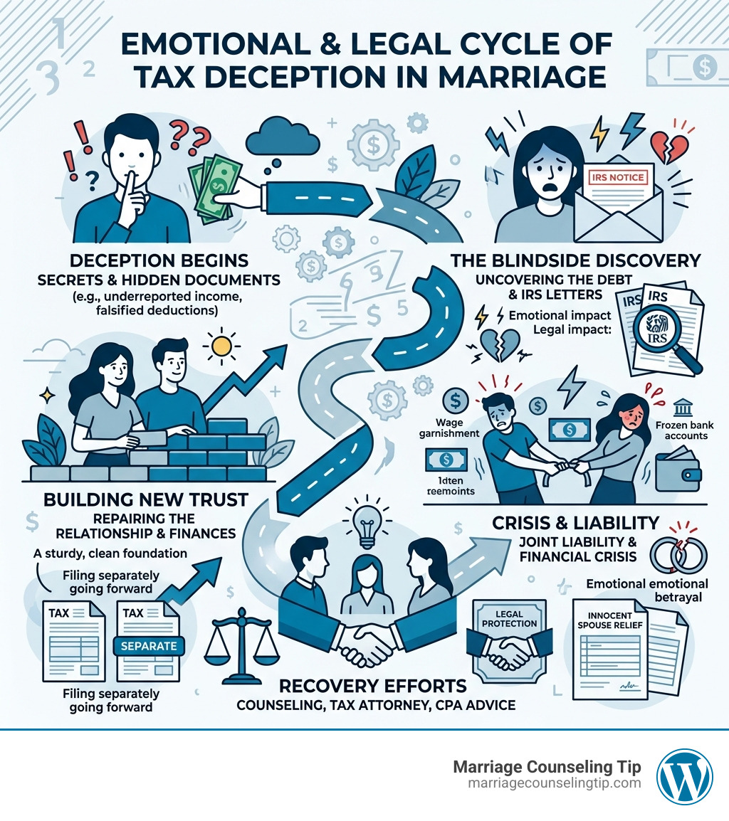 Emotional and legal cycle of tax deception in marriage infographic - tax infidelity counseling advice infographic 