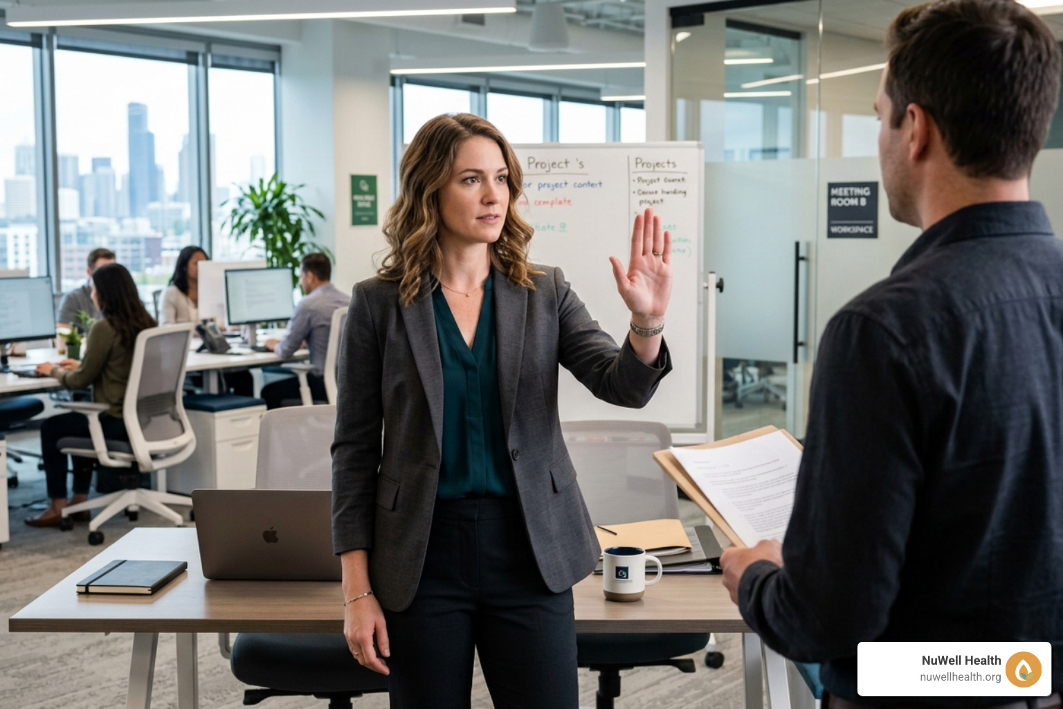 Woman setting a boundary by saying no to an extra commitment - self care empowerment Woman setting a boundary by saying no to an extra commitment - self care empowerment