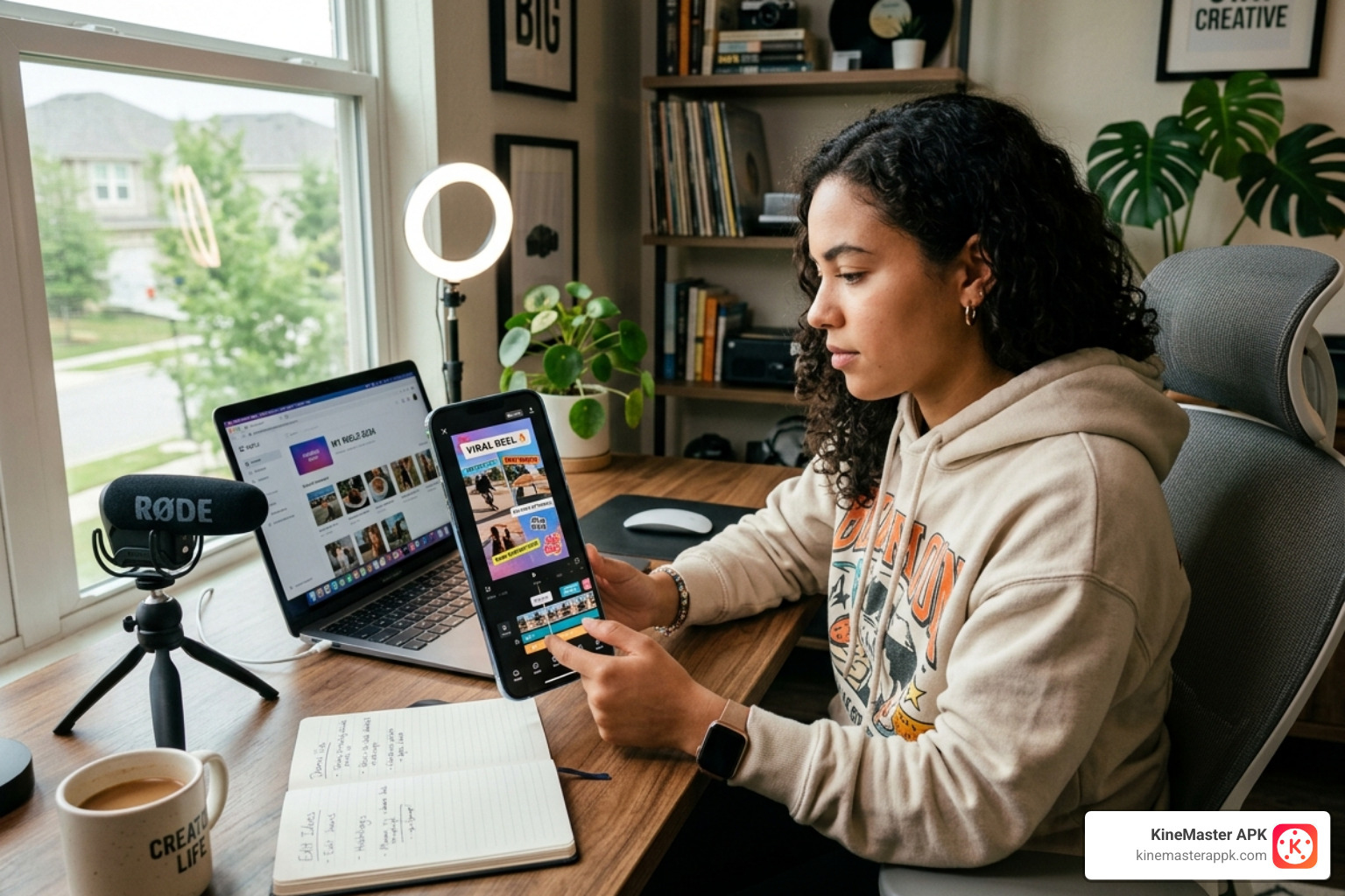A mobile creator editing a viral reel with fast-paced transitions and text overlays - video editor premium mod apk