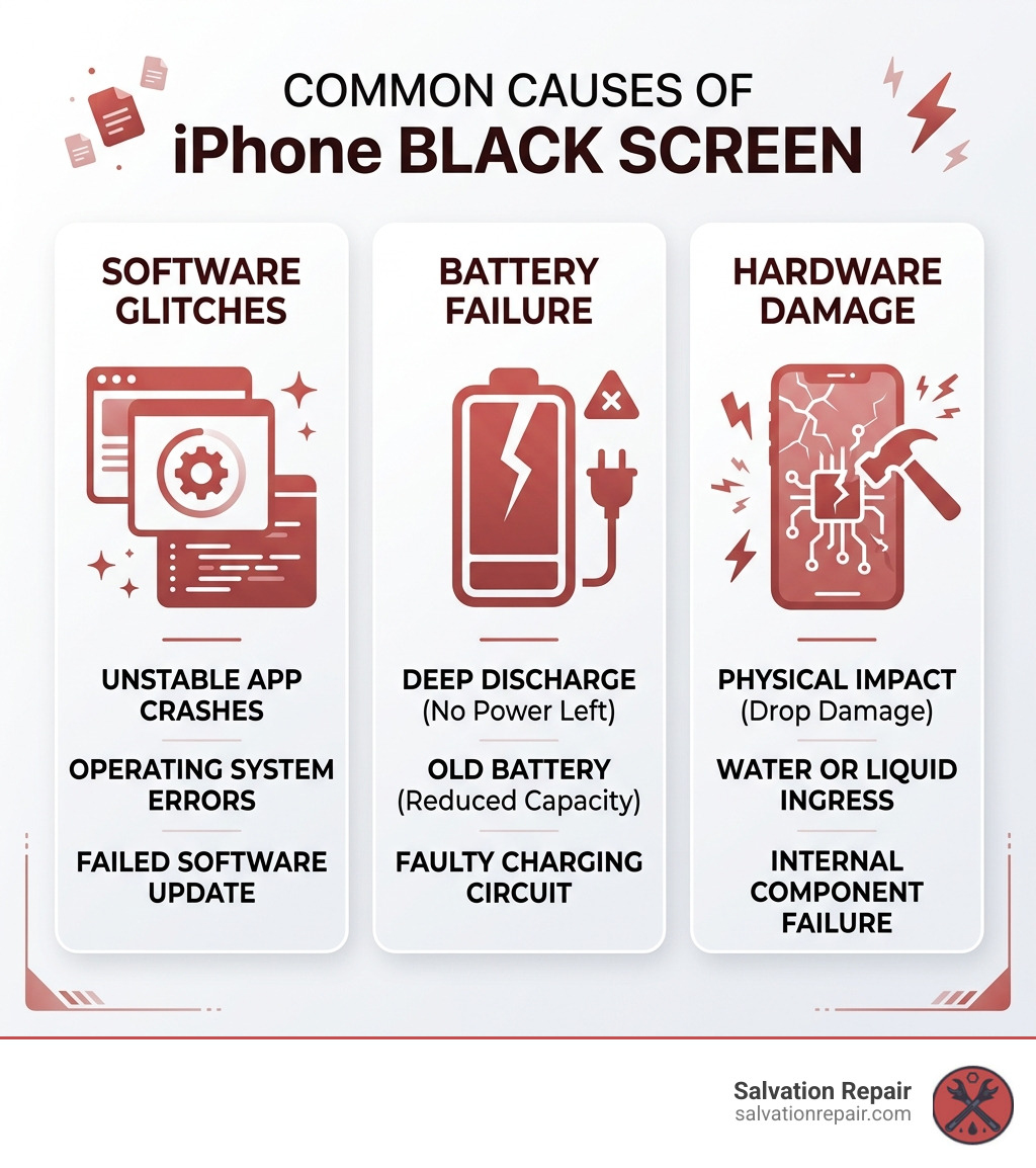 Common causes of iPhone black screen infographic showing software glitches, battery failure, and hardware damage - iPhone
