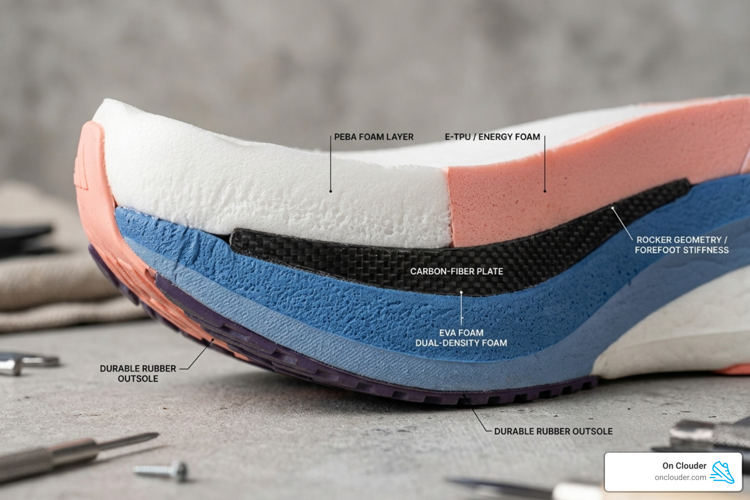 Close-up of high-stack running shoe midsoles showing cushioning layers - running shoes for long walks