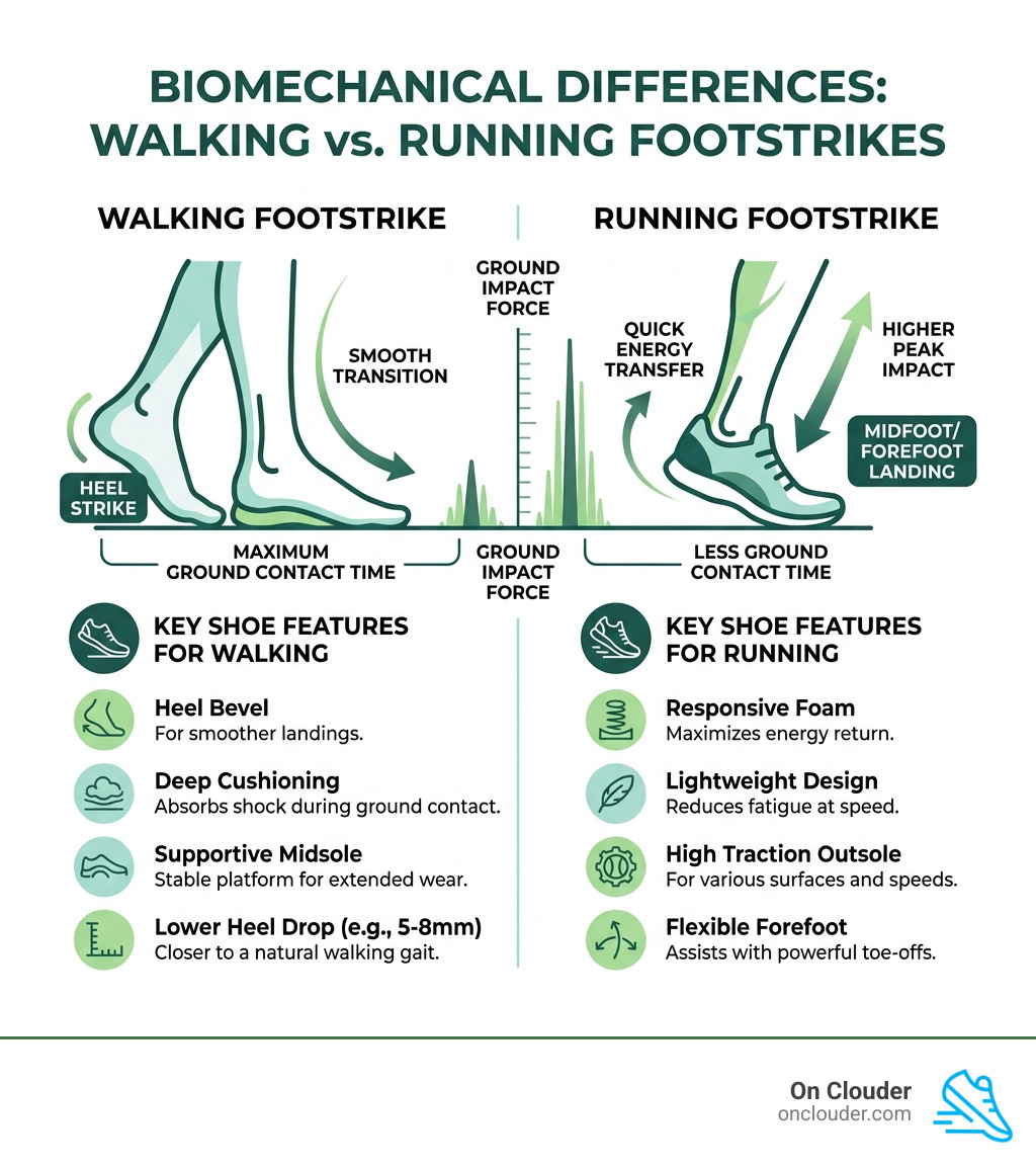 Infographic showing biomechanical differences between walking and running footstrikes with key shoe features - running shoes