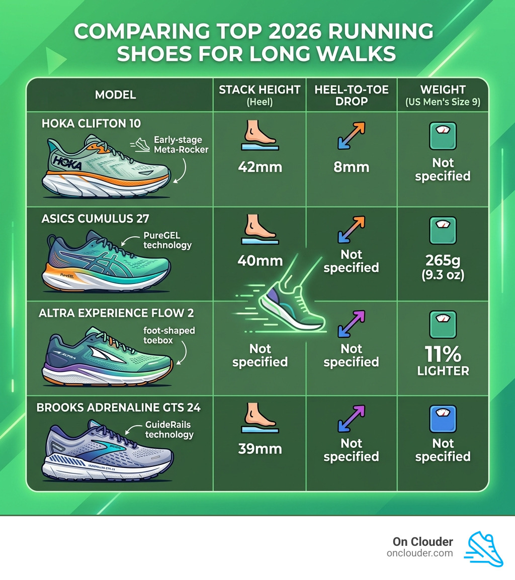 Table comparing stack height, drop, and weight of top 2026 models - running shoes for long walks infographic 