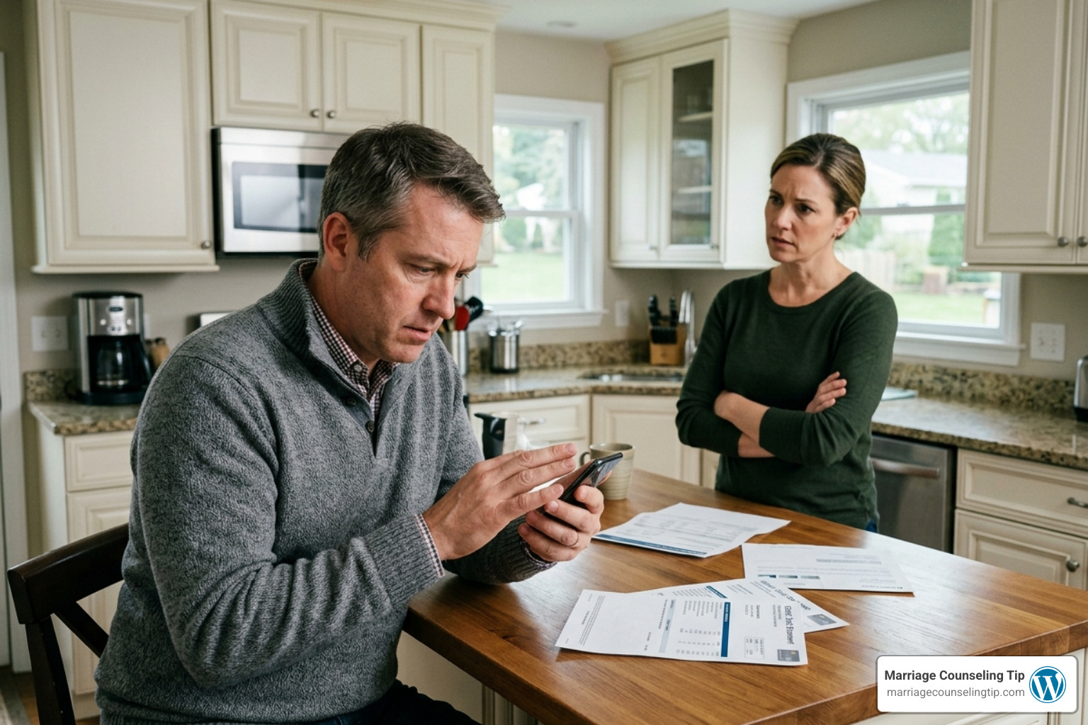 husband hiding his phone screen or credit card statements from his wife - husband financial infidelity