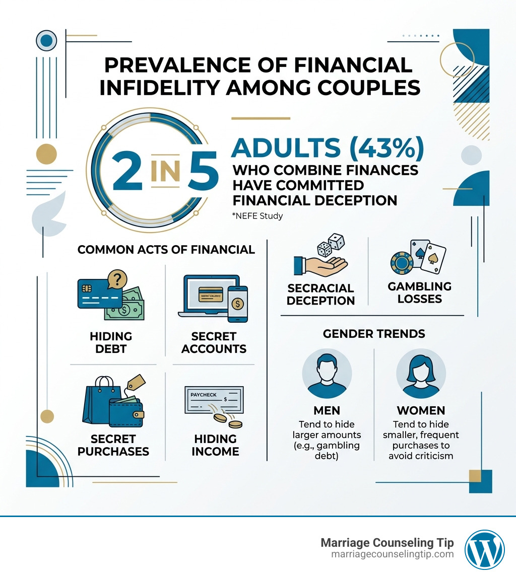 Statistics showing prevalence of financial infidelity among couples - husband financial infidelity infographic 