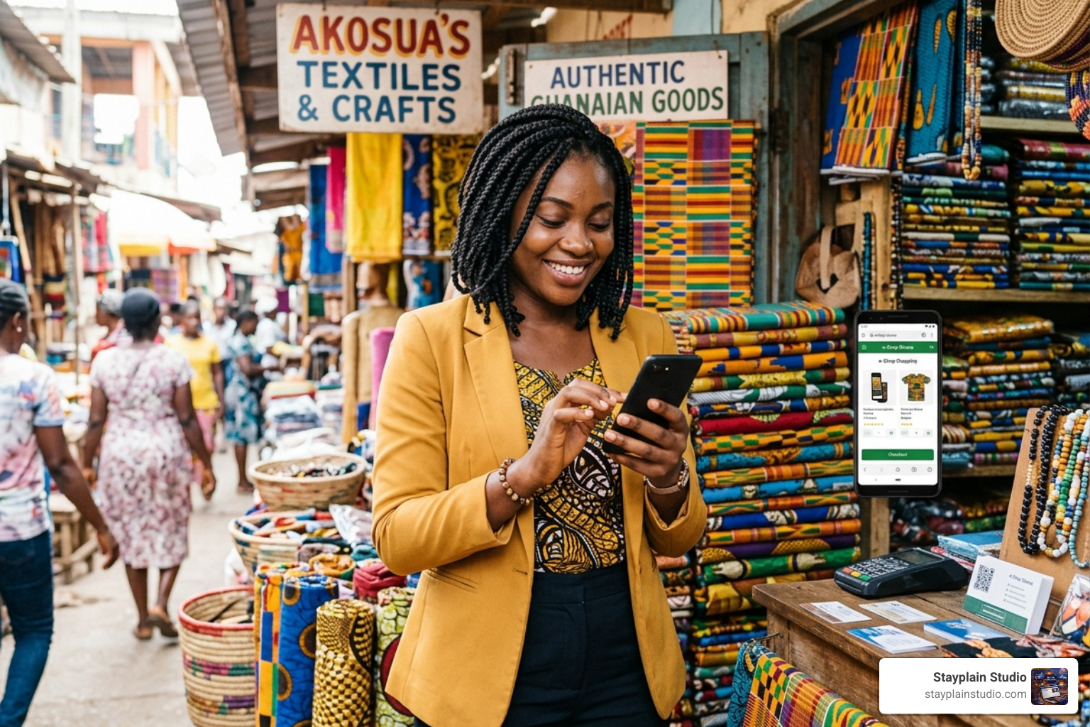 Ghanaian entrepreneur using a smartphone for online shopping - ecommerce website development ghana