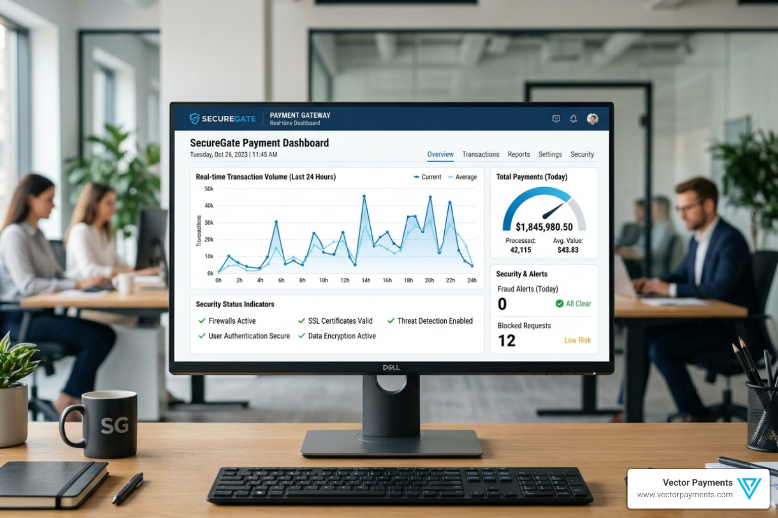 Secure payment gateway dashboard showing transaction volume and security status - high risk cbd gateway Secure payment gateway dashboard showing transaction volume and security status - high risk cbd gateway