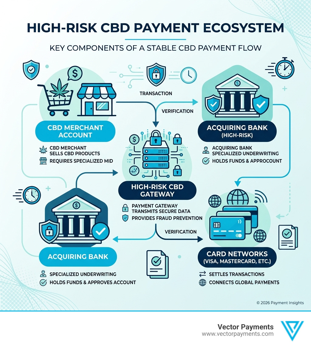 High-risk CBD payment ecosystem showing merchant account, gateway, acquiring bank, and card networks - high risk cbd gateway High-risk CBD payment ecosystem showing merchant account, gateway, acquiring bank, and card networks - high risk cbd gateway