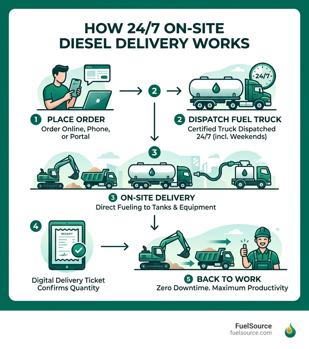 How 24/7 on-site diesel delivery works from order to fueled equipment - delivery diesel fuel infographic 