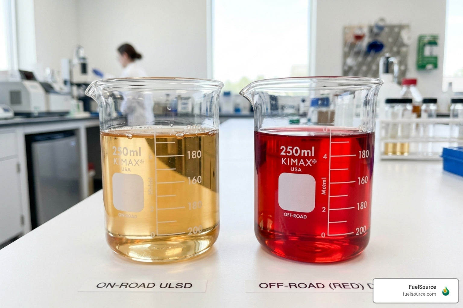 Clear on-road diesel vs red-dyed off-road diesel samples - delivery diesel fuel