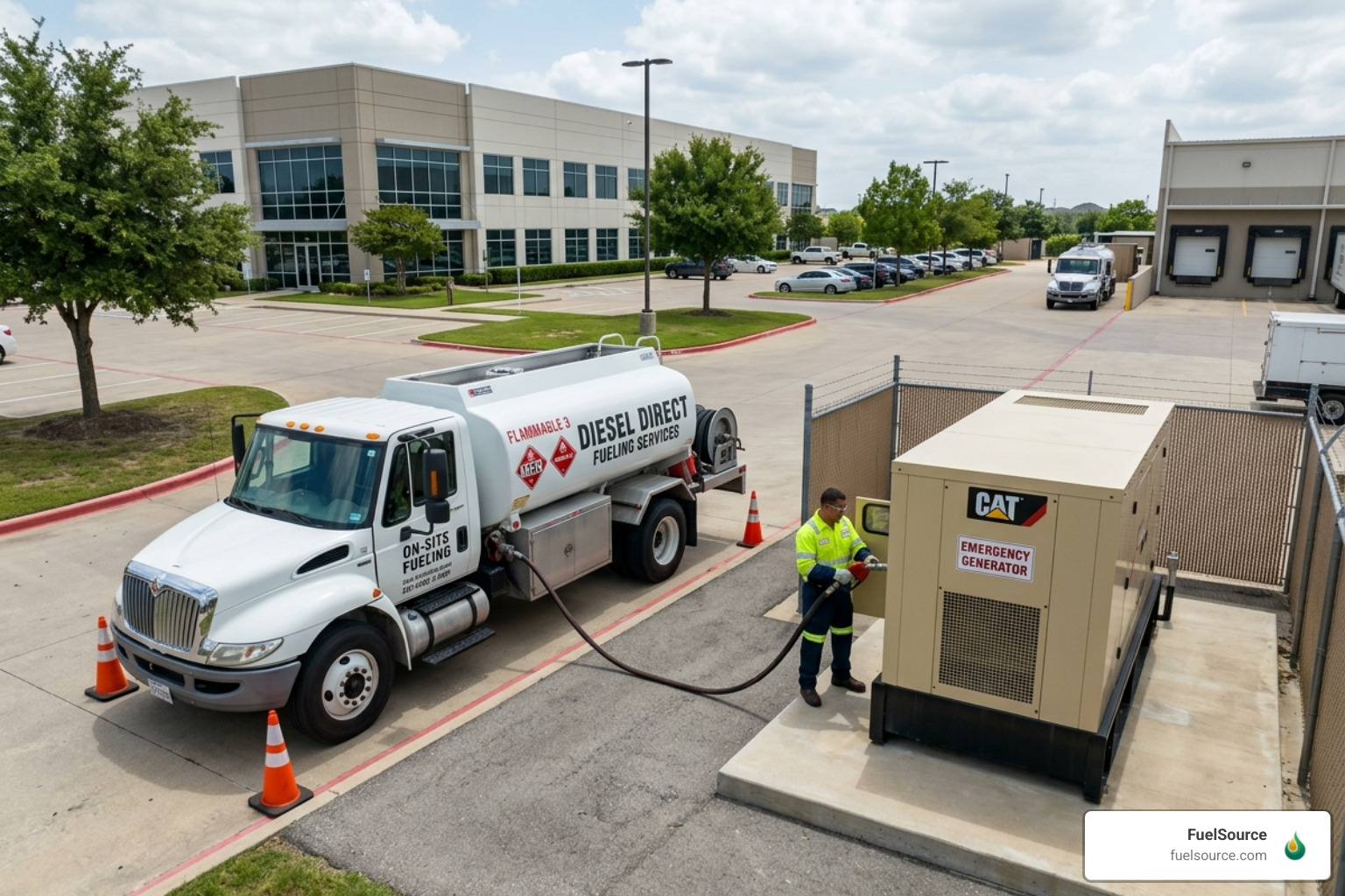 A bobtail truck fueling a backup generator at a commercial facility - delivery diesel fuel