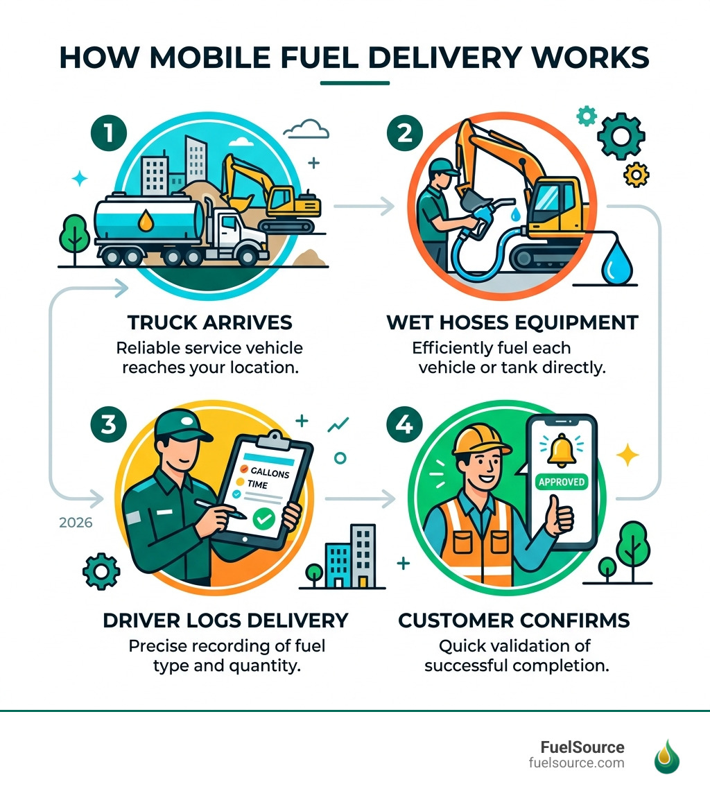 How mobile fuel delivery works: truck arrives, wet hoses equipment, driver logs delivery, customer confirms - fuel delivery